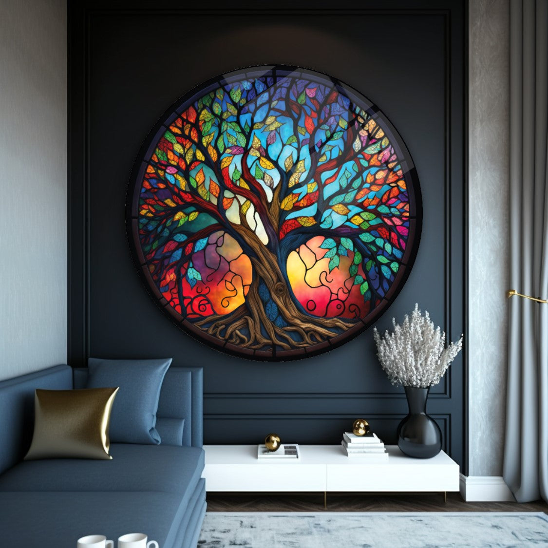 Yaşam Ağacı Vitray Yuvarlak Cam Tablo