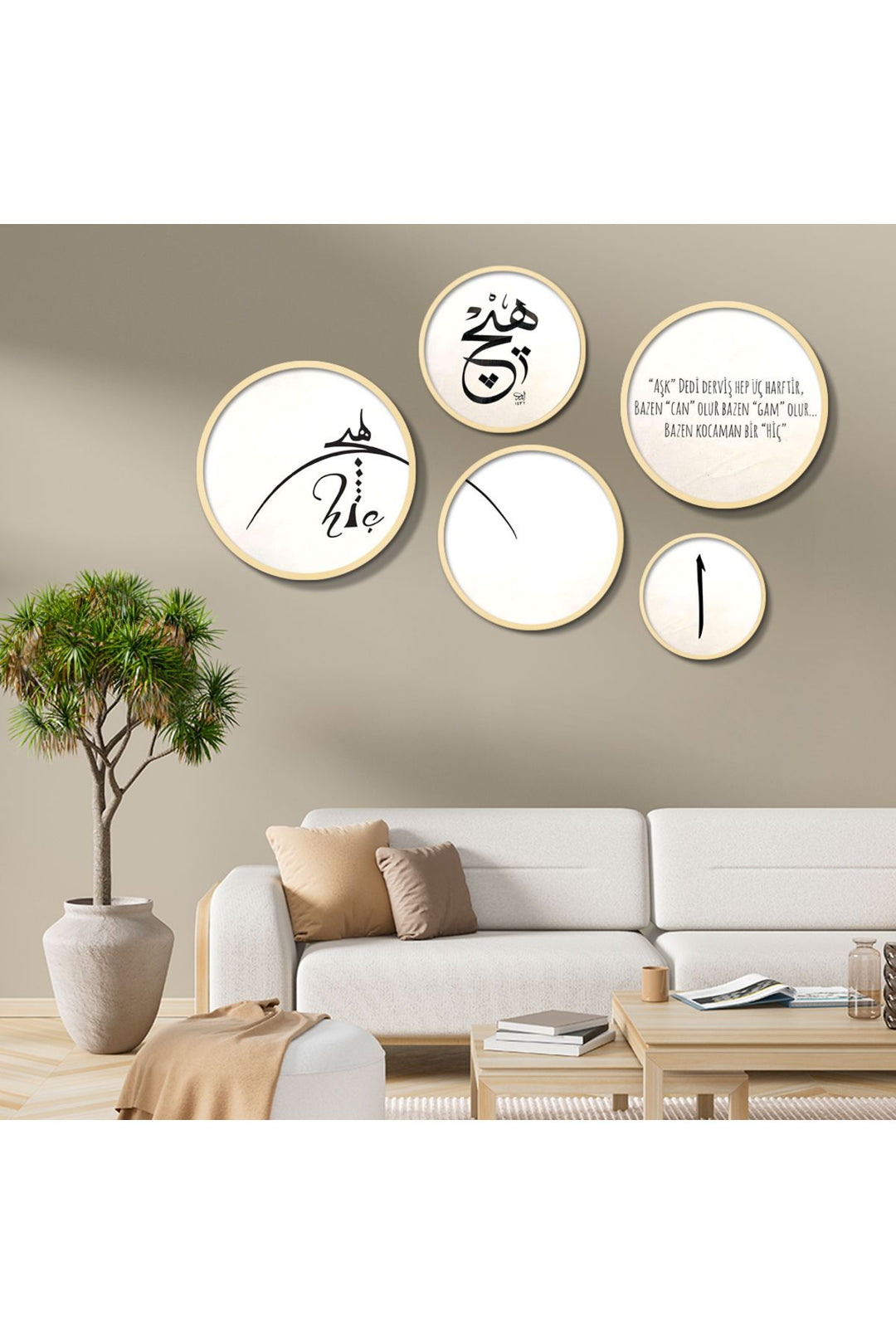 Yuvarlak Ahşap Çerçeveli Minimalist "hiç" Teması Tablo Seti