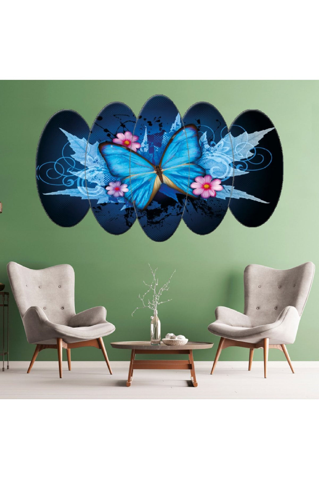 5 Parça Mdf Oval Kesin Mavi Kelebek Tablosu