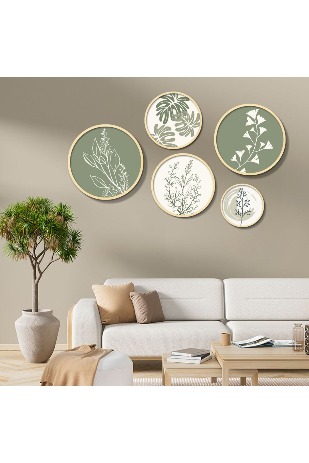 Yuvarlak Ahşap Çerçeveli Yeşil Ve Beyaz Minimalist Bitkiler Tablo Seti