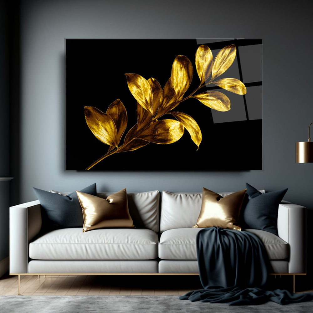 Gold Yapraklar Cam Tablo
