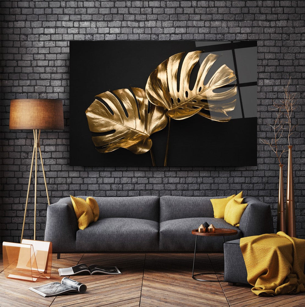 Gold Yapraklar Cam Tablo
