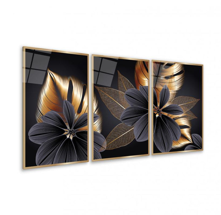 Gold Çiçekler Triple Cam Tablo