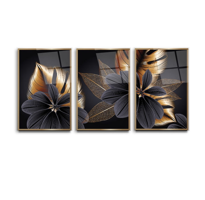 Gold Çiçekler Triple Cam Tablo