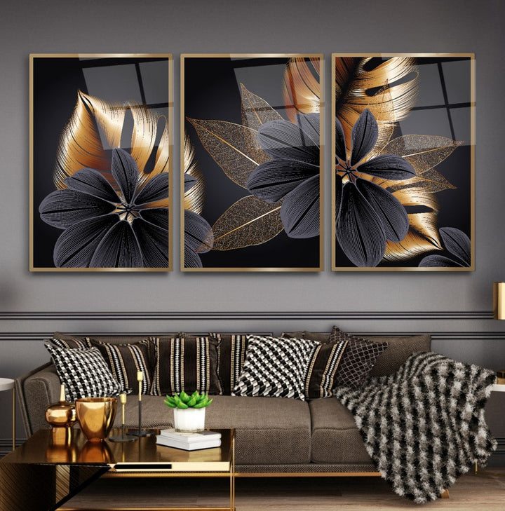 Gold Çiçekler Triple Cam Tablo