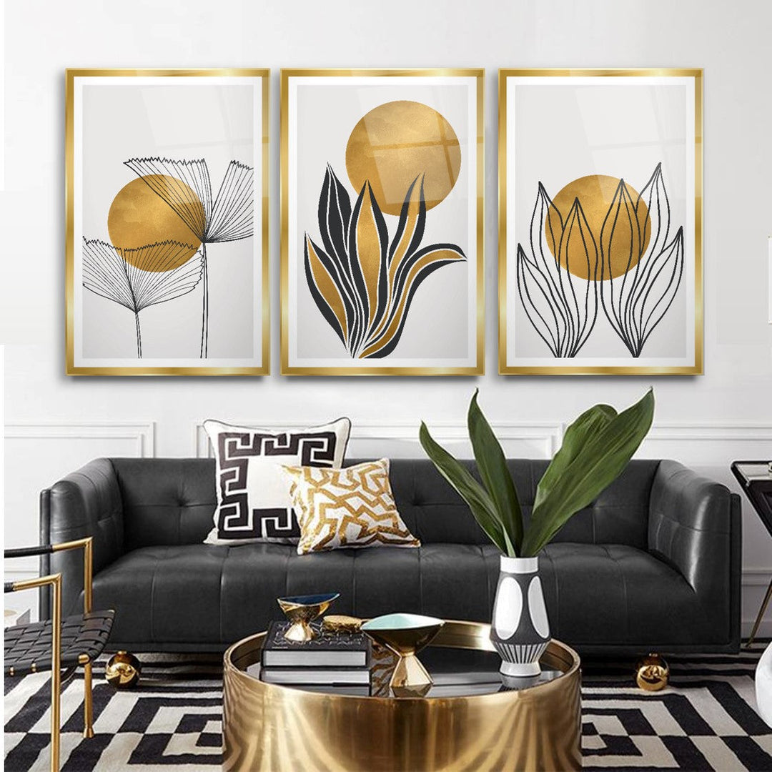 Gold Yapraklar Triple Cam Tablo