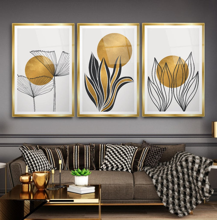 Gold Yapraklar Triple Cam Tablo