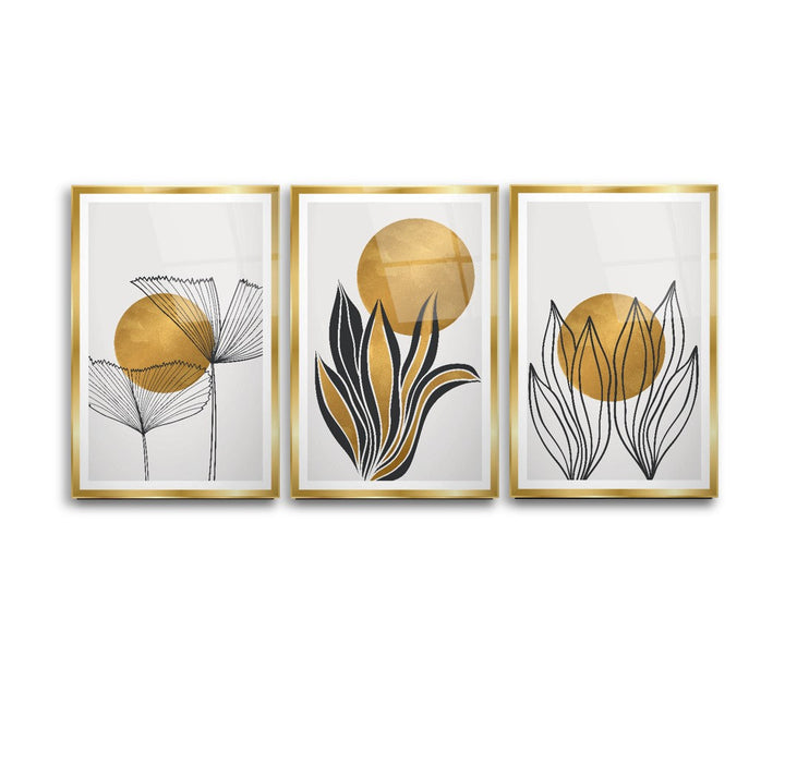 Gold Yapraklar Triple Cam Tablo